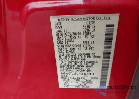 2005 Nissan Frontier Se z USA, uszkodzony, nr VIN 1N6AD07UX5C436343